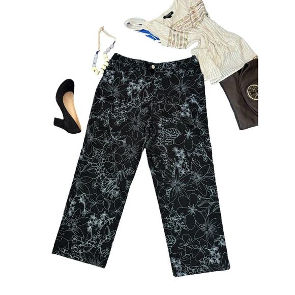Evan-Picone Black Floral Wide Leg Cropped Pants Women’s Casual Summer Style - Picture 4 of 8